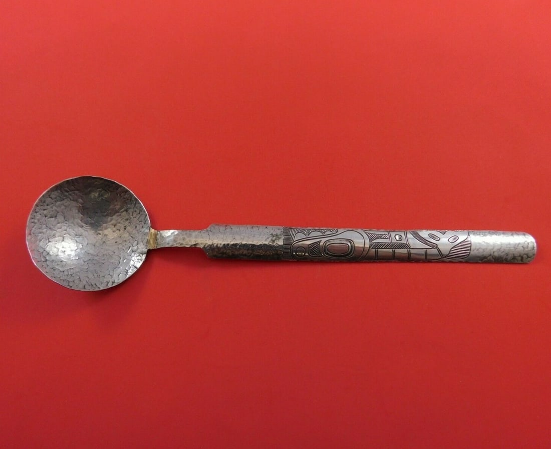 SL. Bor 8.5 Inch Chinese Sterling Silver Hand Hammered Serving Spoon: SL. Bor 8.5 Inch Chinese Sterling Silver Hand Hammered Serving Spoon This exquisite SL. Bor serving spoon is crafted from Chinese sterling silver, featuring a stunning bright-cut and hand-hammered des