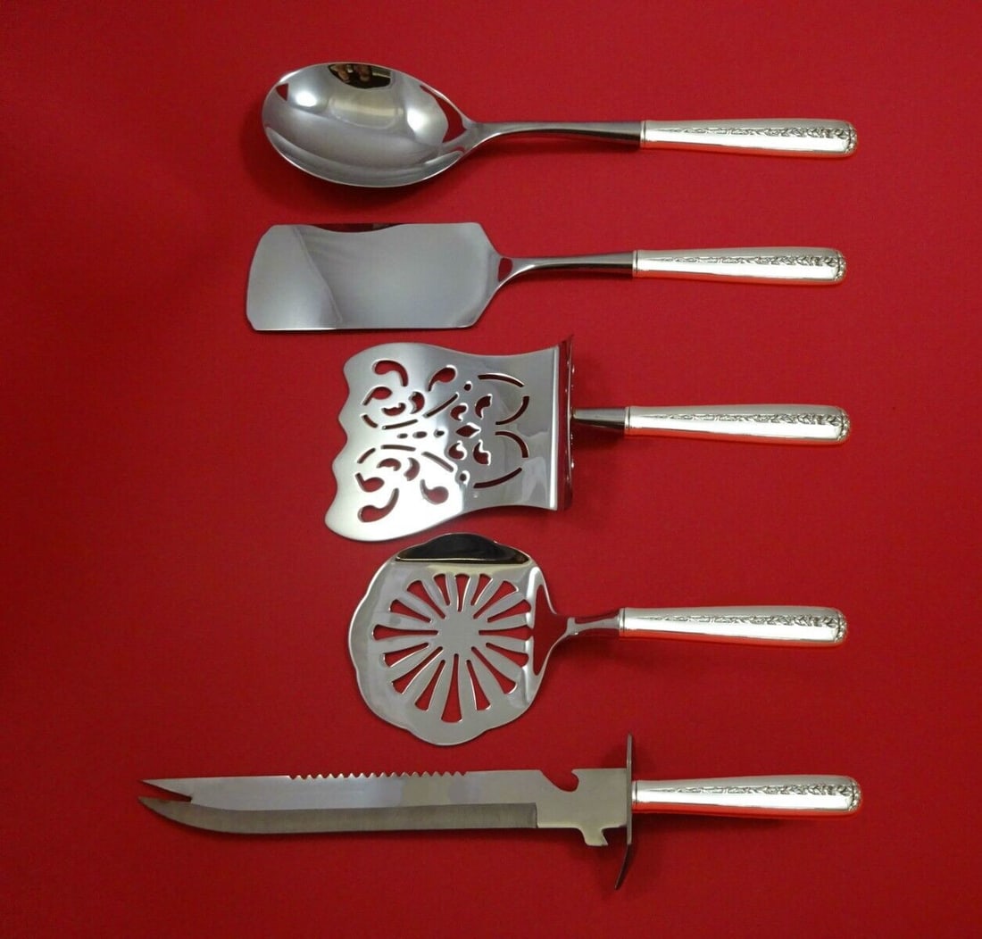 Towle Rambler Rose 5pc Sterling Silver Brunch Serving Set: Towle Rambler Rose 5pc Sterling Silver Brunch Serving Set Elevate your brunch gatherings with this exquisite 5-piece serving set in the Rambler Rose pattern by Towle. Crafted from sterling silver with