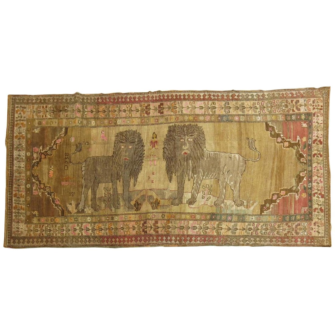 Vintage Turkish Wool Runner Rug Double Lion Folk Art 67 x 142 in: Vintage Turkish Wool Runner Rug Double Lion Folk Art 67 x 142 in This stunning vintage Turkish gallery size runner from the Zabihi Collection features a striking design showcasing a pair of large lion