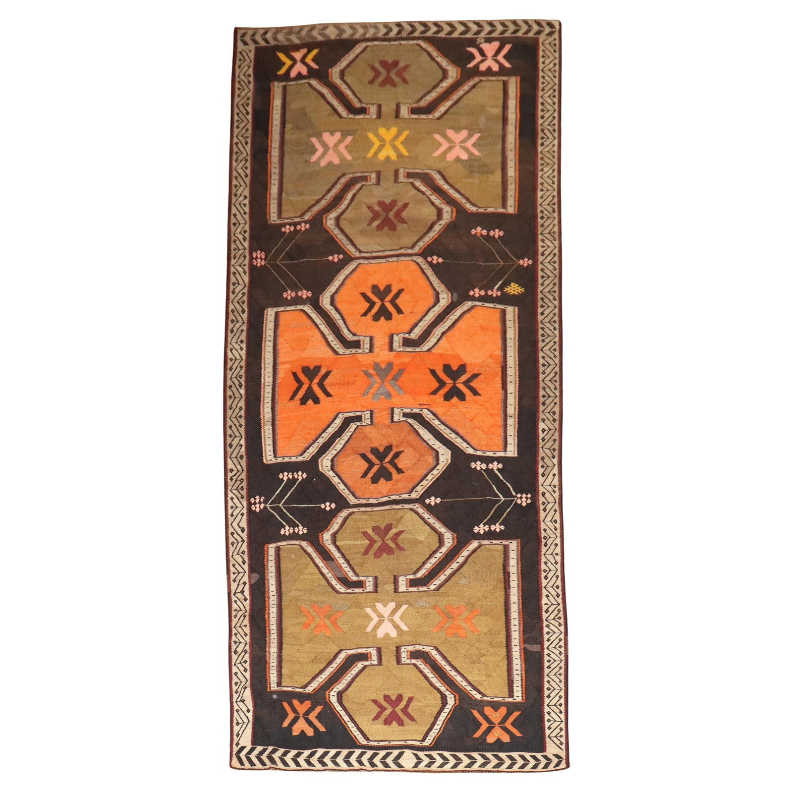 Vintage Turkish Kilim Rug Futurist Design 6'3" x 14'8" Wool Hand-Knotted (1 of 8)