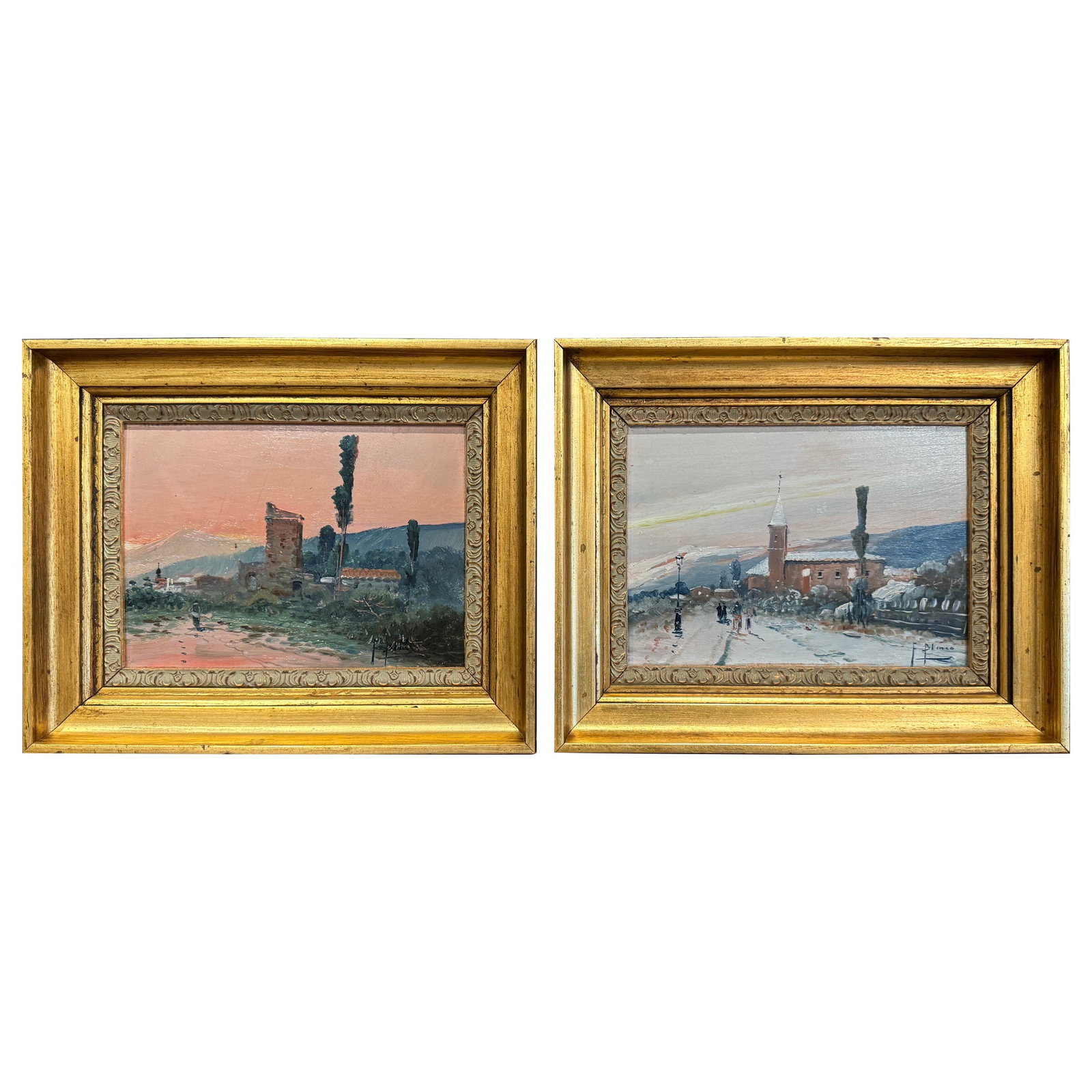 Set of Two French Giltwood Framed Paintings Signed by F Blanco: Set of Two French Giltwood Framed Paintings Signed by F Blanco This elegant pair of mid-century French paintings, hand painted on board and signed by F. Blanco, dates to circa 1920. Each artwork featu