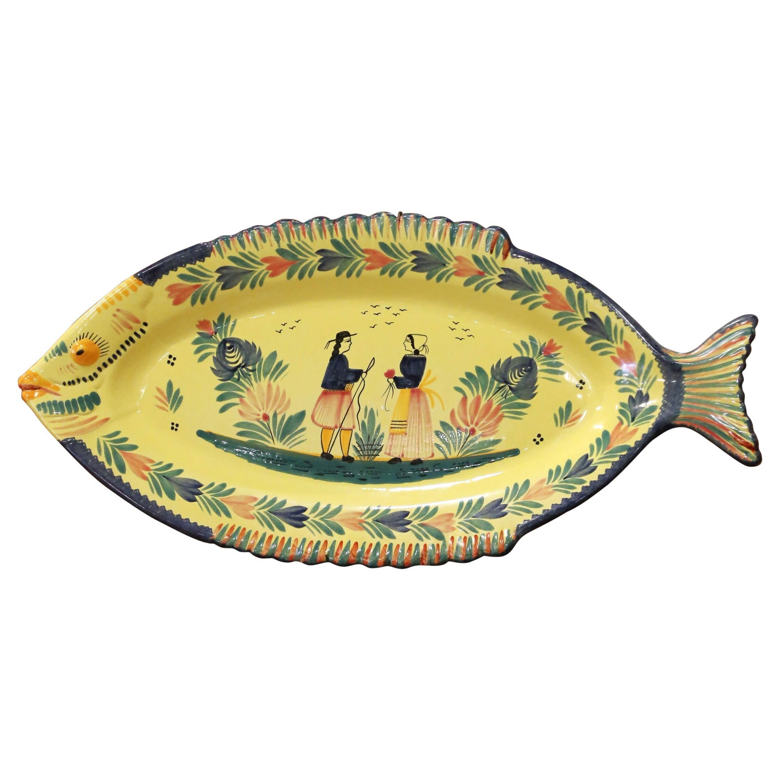 French Quimper Hand-Painted Faience Fish Serving Platter c 1960: French Quimper Hand-Painted Faience Fish Serving Platter c 1960 This mid-20th century French faience fish platter from Quimper is a colorful ceramic serving and display piece made in the traditional Q