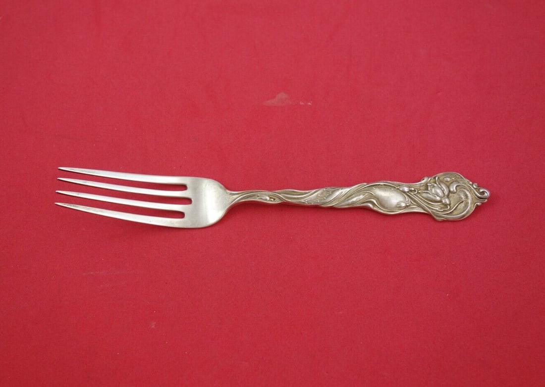 Shiebler Waterlily Sterling Silver Dessert Fork 6 1 2: Shiebler Waterlily Sterling Silver Dessert Fork 6 1 2 This is a sterling silver dessert fork in the Waterlily pattern, crafted by Shiebler. Dating from 1850-1899 and made in the United States, this fo