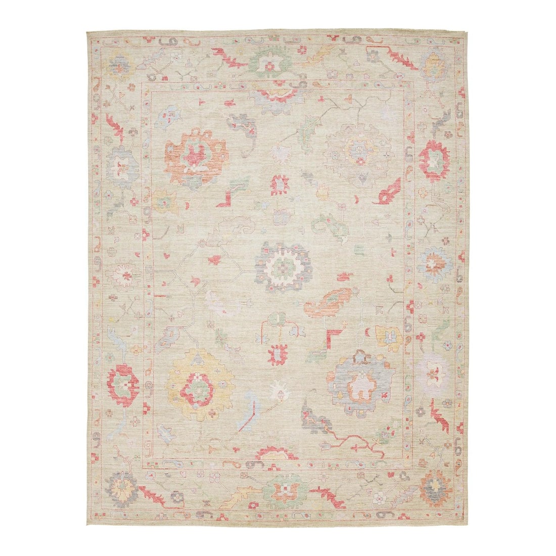 13'3 x 17'4 Wool Oushak Style Floral Rug: 13'3 x 17'4 Wool Oushak Style Floral Rug This hand-knotted Modern Oushak-style rug features a refined open field design inspired by traditional Anatolian patterns, updated with a contemporary, muted p