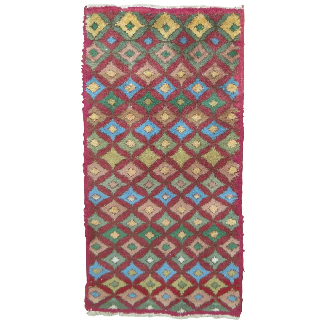 Mid-20th Century Turkish Wool Deco Rug 2'1'' x 4': Mid-20th Century Turkish Wool Deco Rug 2'1'' x 4' Vintage retro Turkish deco rug in a small size with a raspberry field color. It is made of wool and dates to circa the mid-20th century, with origin i