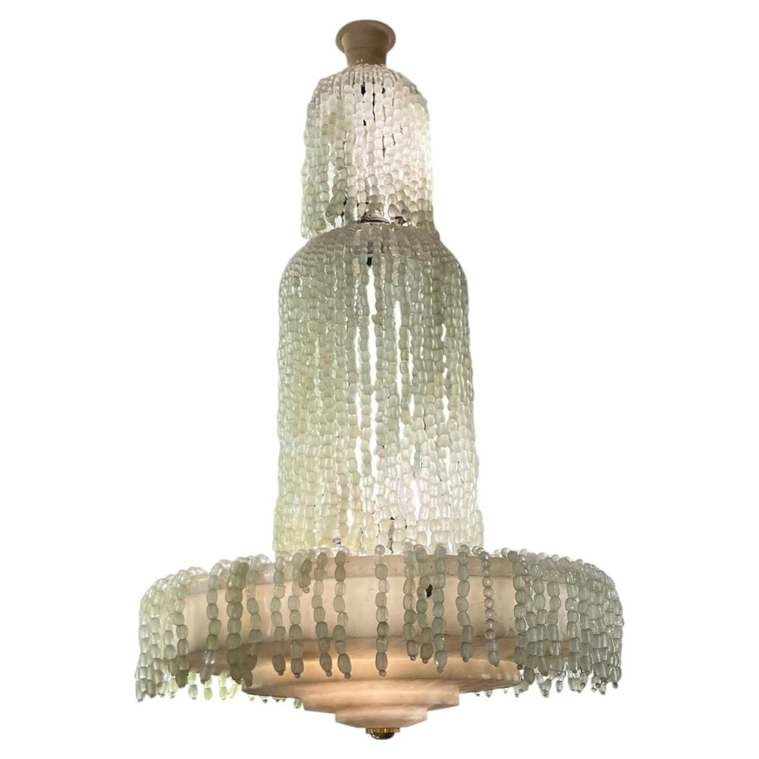 French Mid Century Alabaster Beaded Glass Art Deco Ceiling Light: French Mid Century Alabaster Beaded Glass Art Deco Ceiling Light This Art Deco chandelier from mid-20th century France features an alabaster coupe with a brass finial and an alabaster ceiling cap. Thr