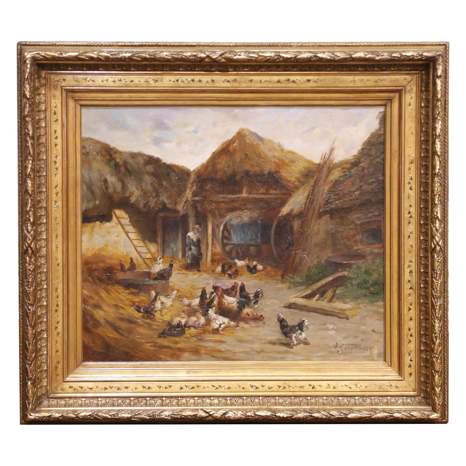 French Country Scene Oil Painting Chickens Signed E Coppenolle Circa 1880: French Country Scene Oil Painting Chickens Signed E Coppenolle Circa 1880 This late 19th-century French oil painting by Edmond van Coppenolle features a lively farmyard scene with chickens and a roost