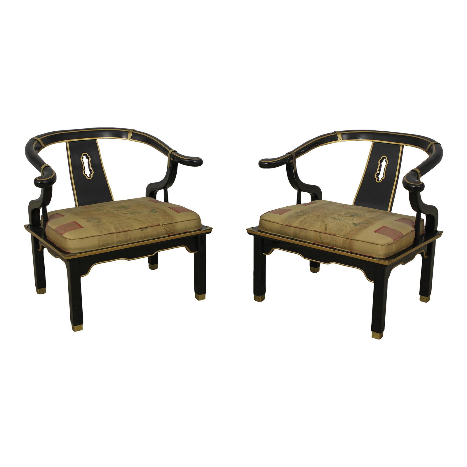 Mid Century Modern Chinoiserie Black Lacquer Armchairs with Brass Trim: Mid Century Modern Chinoiserie Black Lacquer Armchairs with Brass Trim This exquisite pair of Mid Century Modern Chinoiserie armchairs, crafted around the 1970s, showcases high-quality construction wi