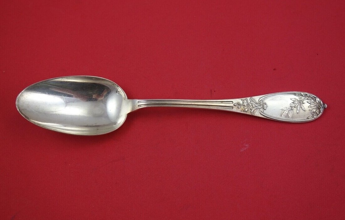 Henin & Vivier French Sterling Silver Spoon 8.5" Laurel Design: Henin & Vivier French Sterling Silver Spoon 8.5" Laurel Design This exquisite French dinner spoon, crafted from 950 sterling silver, features a beautiful laurel branch design. Made by the renowned sil