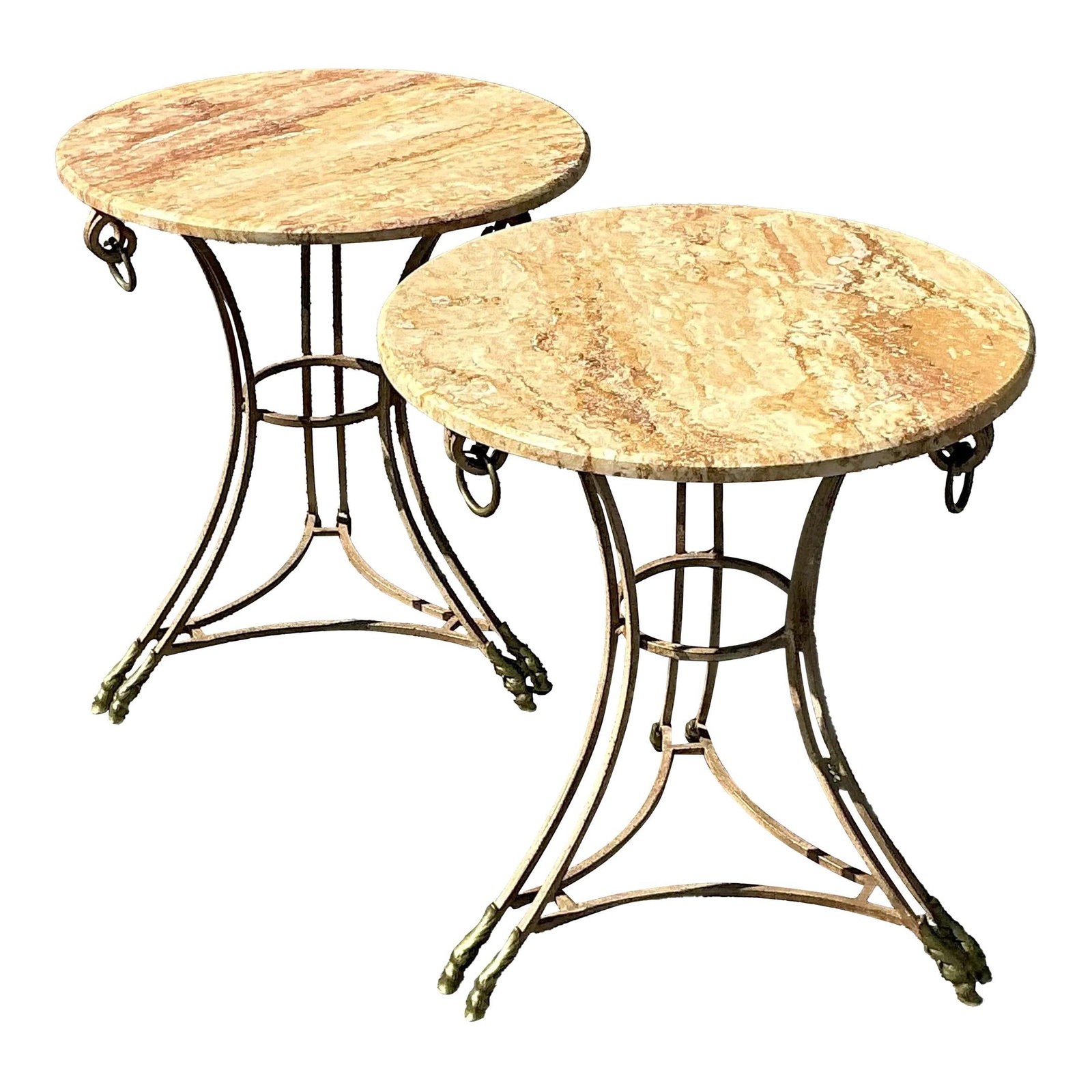 Pair of Vintage Regency Stone Gueridon Side Tables with Ring Accents: Pair of Vintage Regency Stone Gueridon Side Tables with Ring Accents Enhance your living space with this striking pair of vintage Regency stone gueridon side tables. Featuring sleek, circular tops and