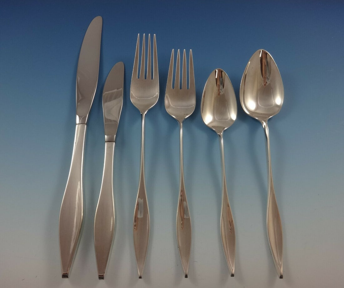 Lark Sterling Silver Flatware Set 76 Pcs by Reed & Barton John Prip: Lark Sterling Silver Flatware Set 76 Pcs by Reed & Barton John Prip Experience the elegance of the Lark Sterling Silver Flatware Set, designed by John Prip for Reed & Barton. This exquisite 76-piece s