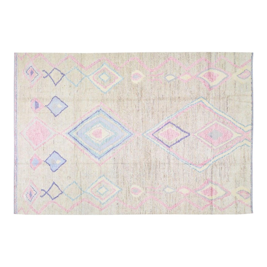 Organic Wool Hand Knotted Rug in Beige 9'10 x 13'9 Moroccan Style: Organic Wool Hand Knotted Rug in Beige 9'10 x 13'9 Moroccan Style This Moroccan hand-knotted rug is crafted from organic wool, offering natural colors and a soft texture. The pre-owned rug features a 