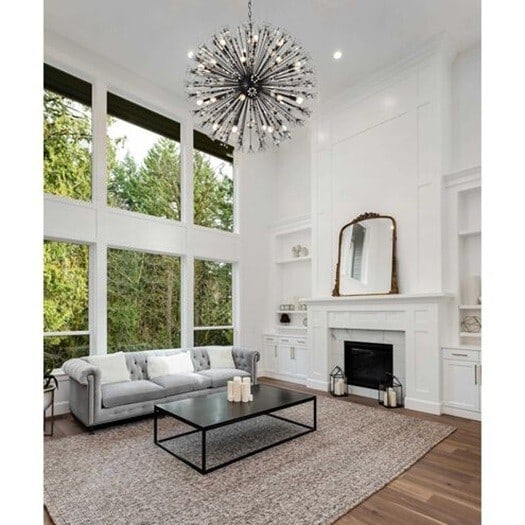 Vera 32-Light Black Crystal Glass Chandelier 44 Inch: Vera 32-Light Black Crystal Glass Chandelier 44 Inch This large modern chandelier features a striking black frame with clear glass and crystal accents, designed in a 32-light sputnik style. Suitable f