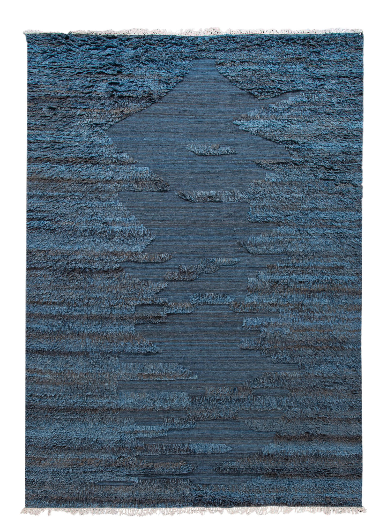 Blue Hand-Made Moroccan Berber Wool Rug 10' x 14'5: Blue Hand-Made Moroccan Berber Wool Rug 10' x 14'5 This exquisite blue Moroccan-style rug is hand-made from high-quality wool, featuring a stunning all-over geometric Berber design with rich brown acc