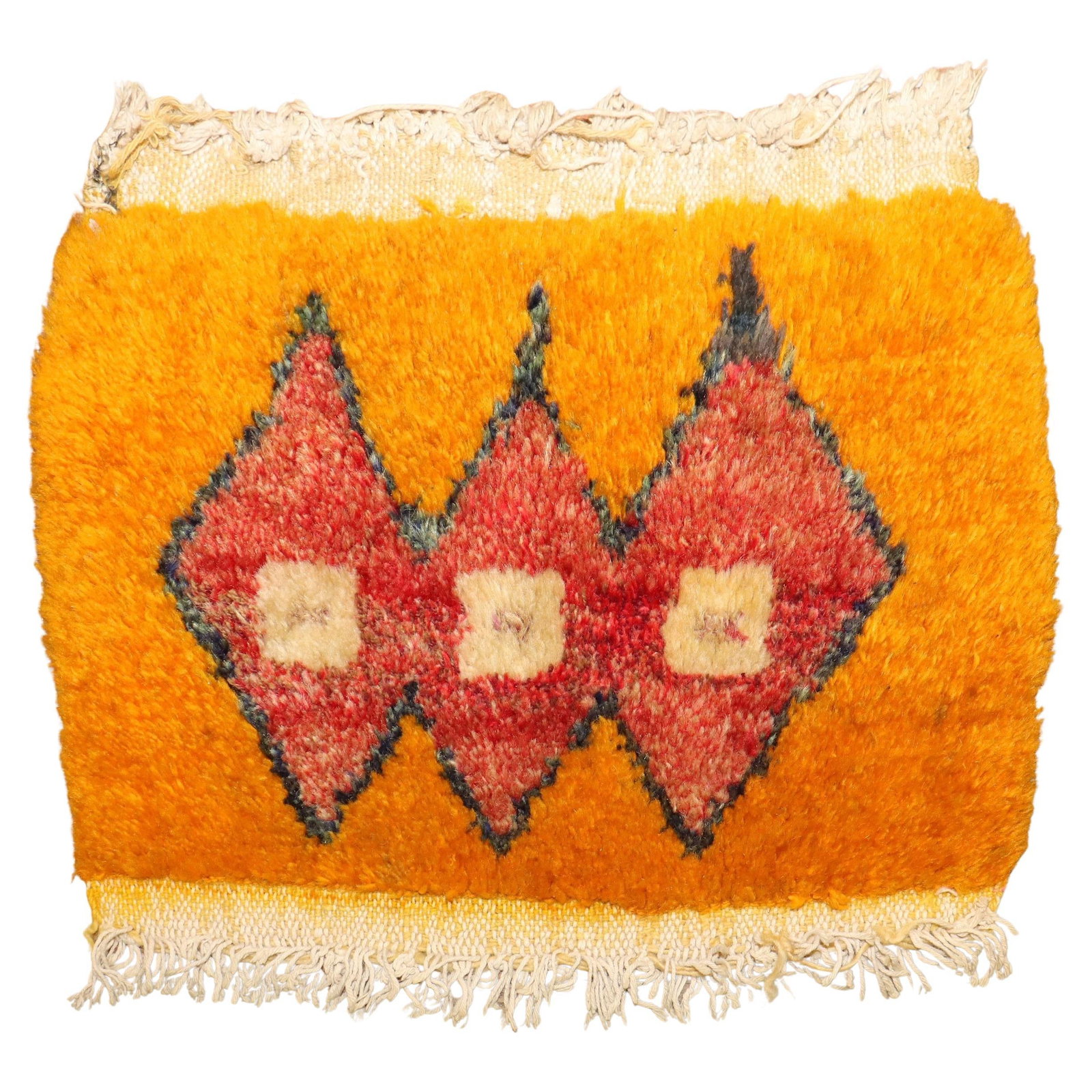Vintage Turkish Tulu Mini Rug 11 x 16 Wool Hand-Knotted: Vintage Turkish Tulu Mini Rug 11 x 16 Wool Hand-Knotted Introducing a charming Vintage Turkish Tulu Mini Rug, perfect for adding a touch of bohemian flair to your space. This hand-knotted rug, crafted