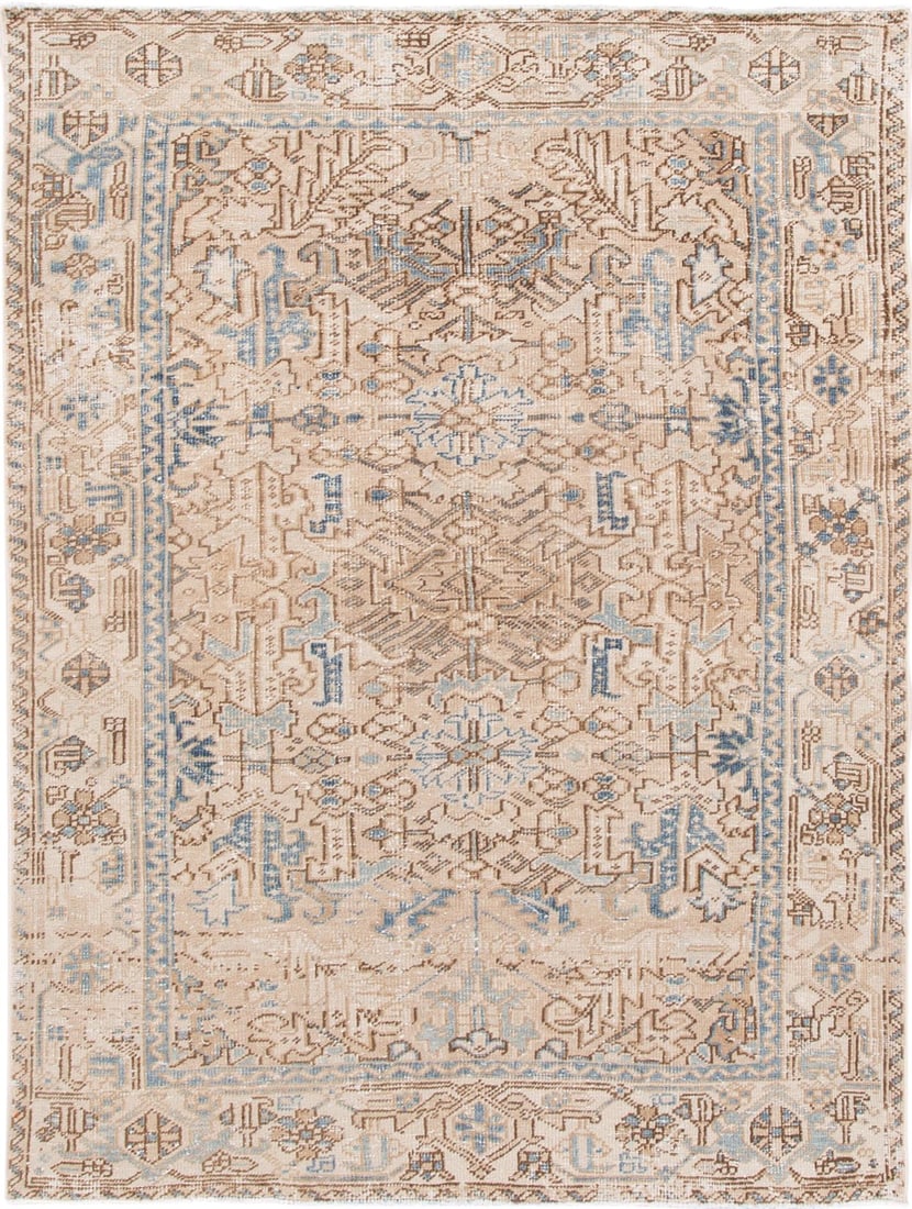 Antique Persian Heriz Handmade Wool Rug 6' x 8'2: Antique Persian Heriz Handmade Wool Rug 6' x 8'2 Discover the beauty of this antique Persian Heriz hand-knotted wool rug, featuring a warm beige field complemented by a stunning blue and brown frame. 