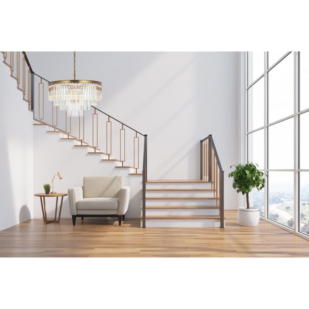 Sydney 17 Light Crystal Chandelier Satin Gold 32 in: Sydney 17 Light Crystal Chandelier Satin Gold 32 in This modern 17-light crystal chandelier features a satin gold finish with clear royal cut crystals and a frame of crystal, glass, iron, and steel. I