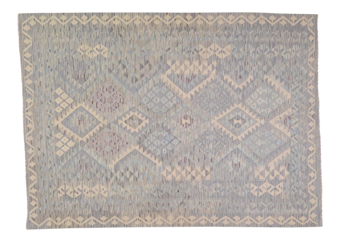 Vintage Maimana Kilim Rug Undyed Wool Afghan Geometric 5'6" x 7'8": Vintage Maimana Kilim Rug Undyed Wool Afghan Geometric 5'6" x 7'8" This vintage Afghan Maimana kilim is hand woven using undyed wool and features a geometric pattern in natural colors. The rug showcas
