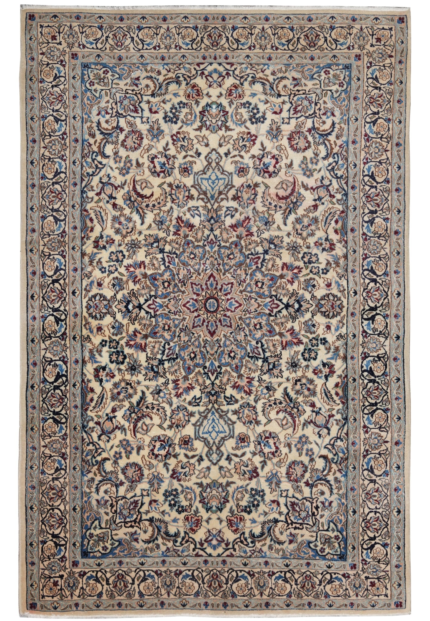 4.3 x 6.8 Persian Nain Rug Wool Silk Hand Knotted Estate Carpet: 4.3 x 6.8 Persian Nain Rug Wool Silk Hand Knotted Estate Carpet Free continental US Shipping This pre-owned Persian Nain rug is hand-knotted in Iran and features a fine wool pile with silk highlights 