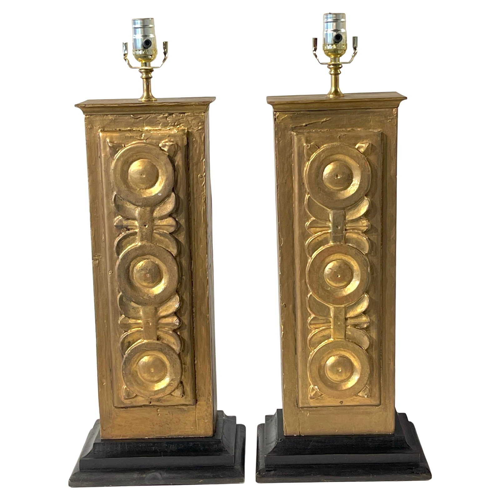 19th Century Spanish Colonial Giltwood Column Lamps Set of 2: 19th Century Spanish Colonial Giltwood Column Lamps Set of 2 This exquisite pair of 19th Century Spanish Colonial giltwood columns has been beautifully transformed into functional lamps, showcasing th