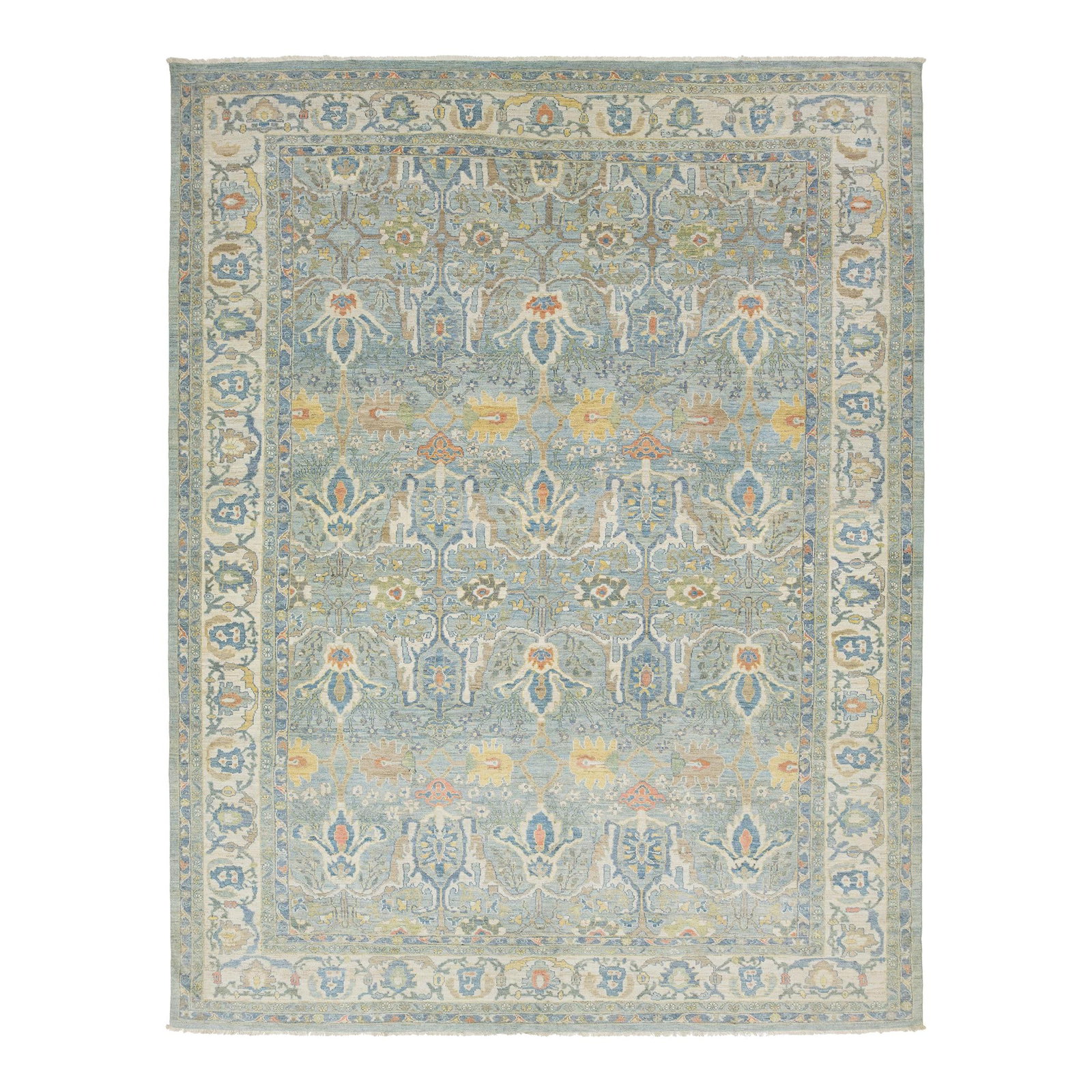 Oversized Light Blue Sultanabad Floral Wool Rug 13' x 16'9: Oversized Light Blue Sultanabad Floral Wool Rug 13' x 16'9 Elevate your interior decor with this exquisite hand-knotted Sultanabad wool rug, showcasing a serene light blue backdrop adorned with vibran