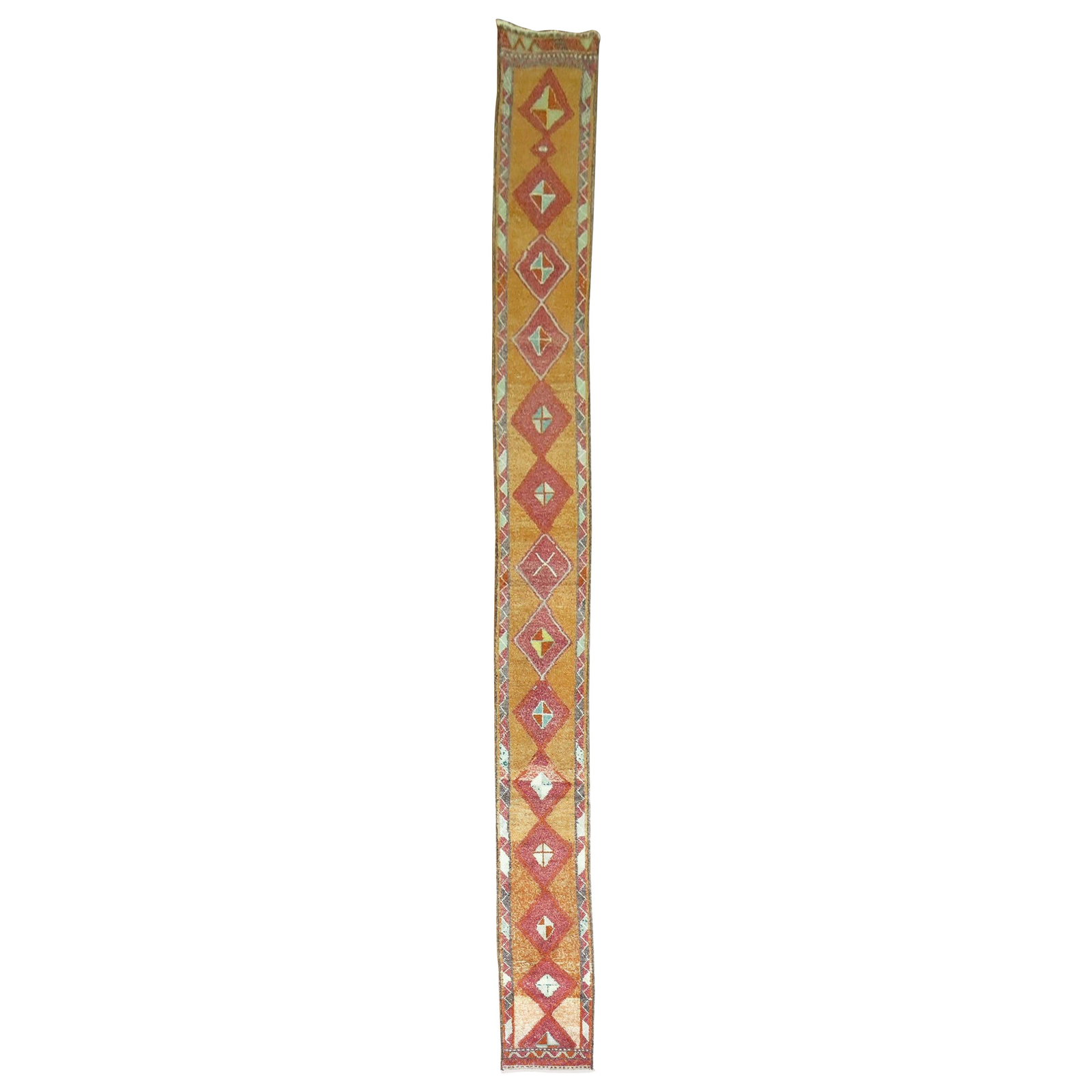 Vintage Turkish Geometric Runner 15 x 155 Hand-Knotted Wool Adirondack: Vintage Turkish Geometric Runner 15 x 155 Hand-Knotted Wool Adirondack Discover the timeless elegance of this mid-20th century Turkish geometric runner, characterized by its narrow design and intricat