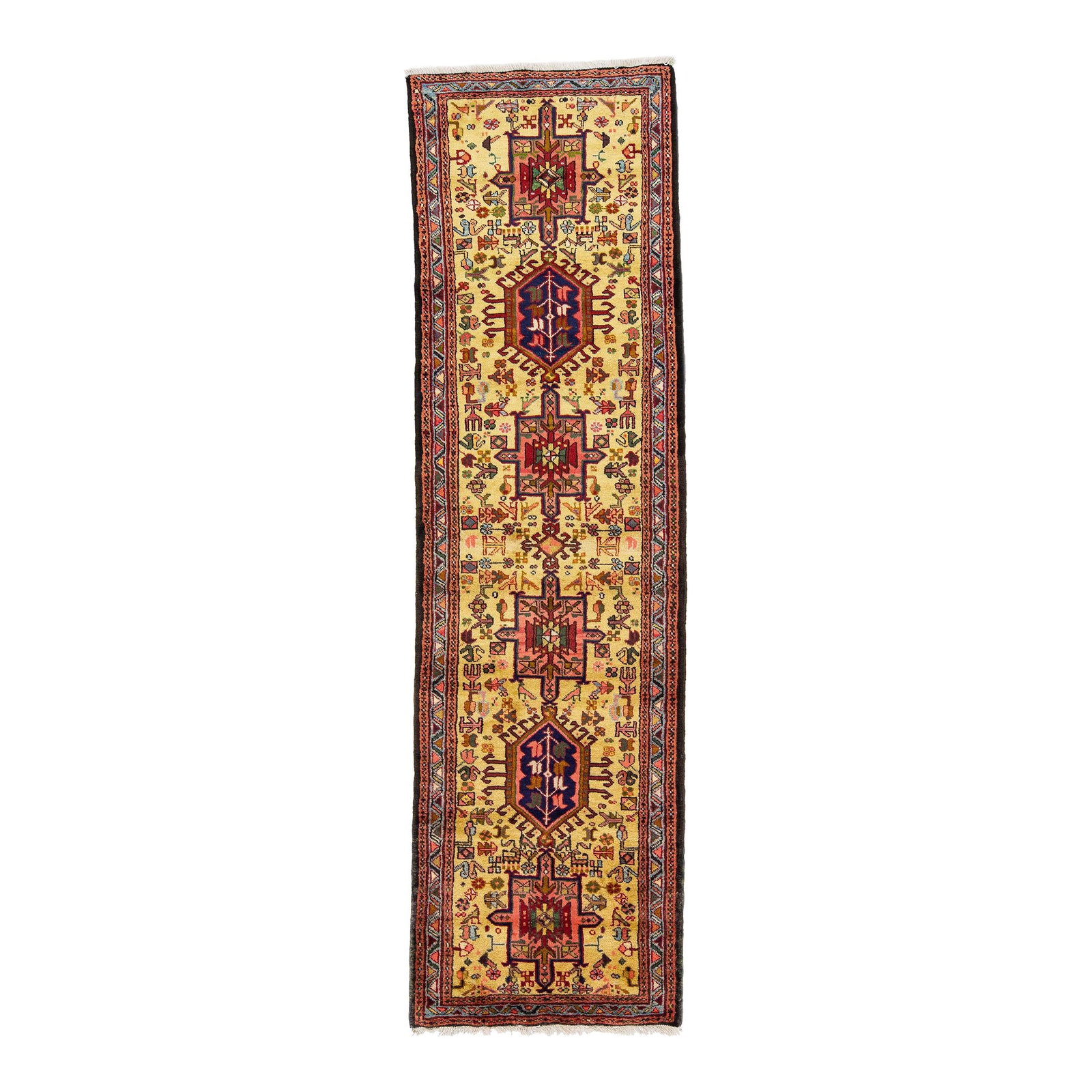 1960s Persian Heriz Handmade Wool Runner Red Medallion Design: 1960s Persian Heriz Handmade Wool Runner Red Medallion Design This exquisite vintage Persian Heriz runner features a stunning hand-knotted wool construction with a rich red color field. The design sho