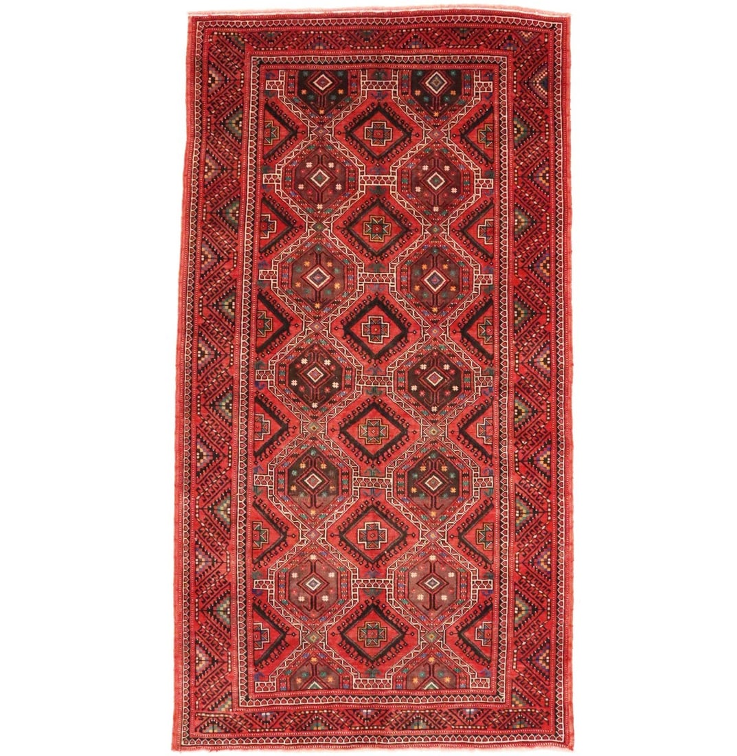 Vintage Tribal Wool Hand Knotted Runner Rug 5'1 x 9'9 Red: Vintage Tribal Wool Hand Knotted Runner Rug 5'1 x 9'9 Red Enhance your living space with this exquisite vintage red tribal hand-knotted wool Oriental rug, perfect for farmhouse decor. Measuring 5'1" x