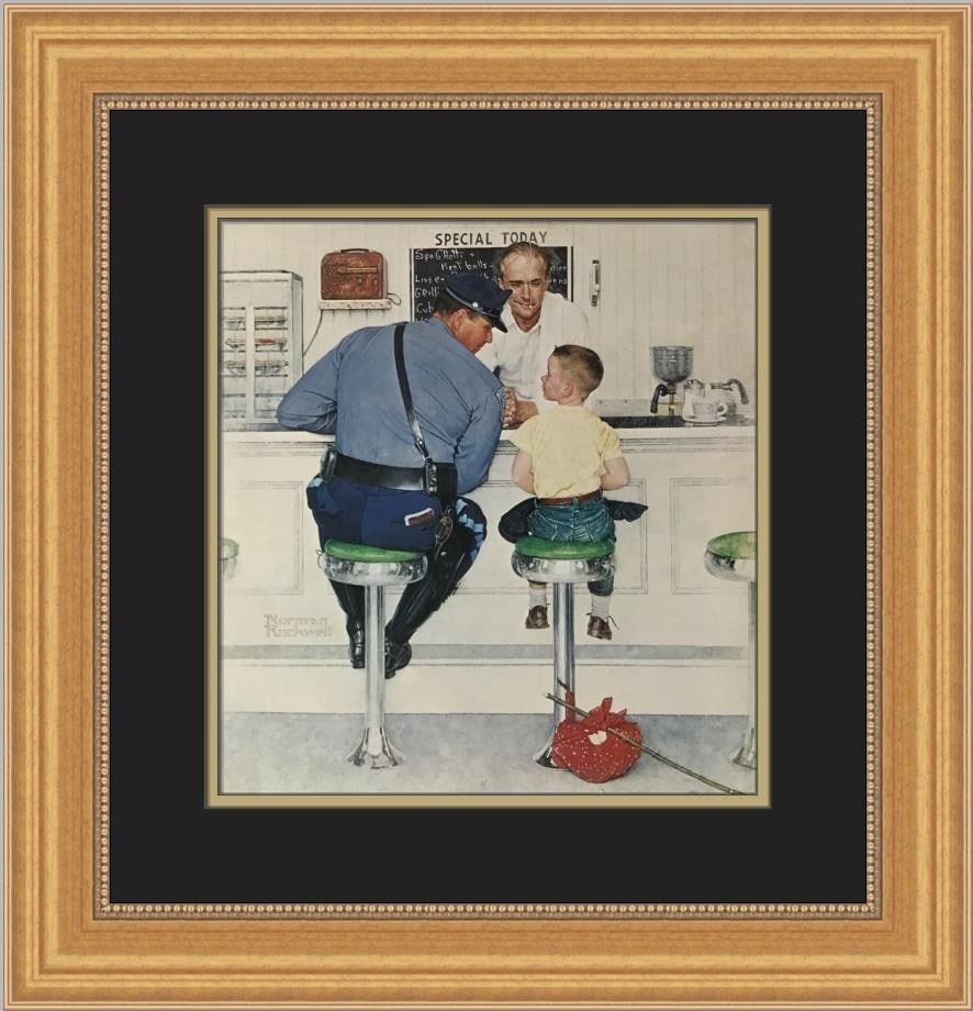 Norman Rockwell The Runaway Custom Framed Offset Lithograph Print: Norman Rockwell The Runaway Custom Framed Offset Lithograph Print This custom framed print features Norman Rockwell's iconic artwork titled "The Runaway", produced in 1975. The piece is a medium-sized