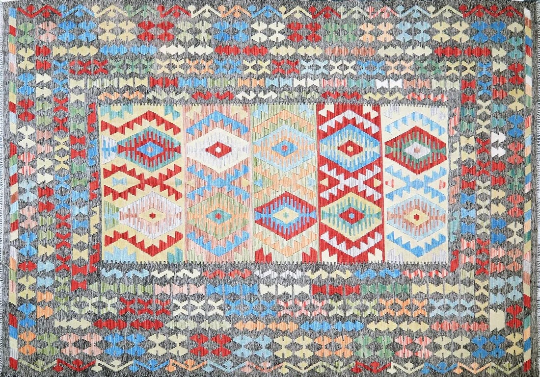 Vintage Maimana Kilim Rug Organic Wool Geometric Afghan 6'9" x 9'6": Vintage Maimana Kilim Rug Organic Wool Geometric Afghan 6'9" x 9'6" This vintage Afghan Maimana kilim is hand woven using organic wool and features natural colors with a geometric pattern. The rug sho
