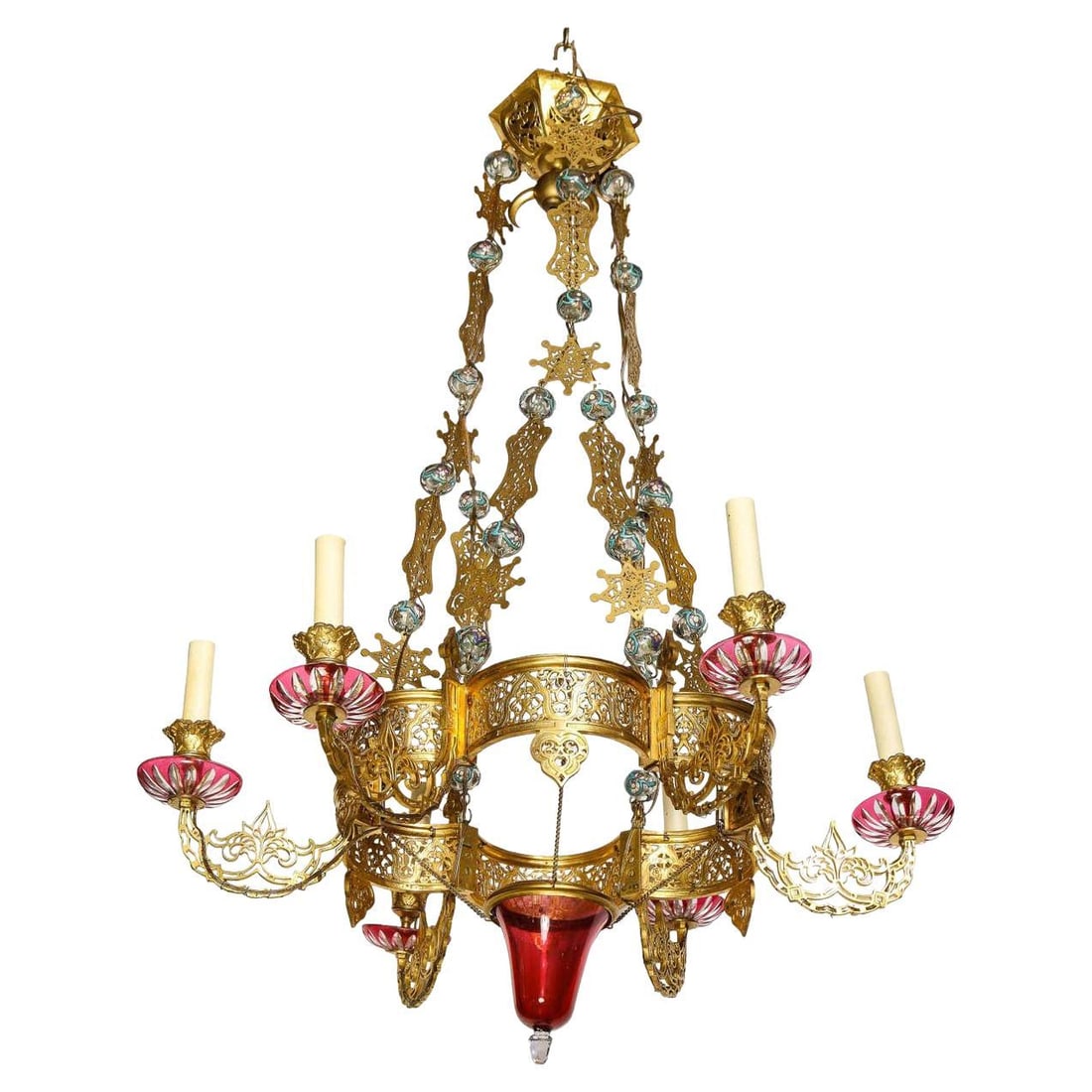 French gilt bronze chandelier with ruby red glass drops (1 of 9)
