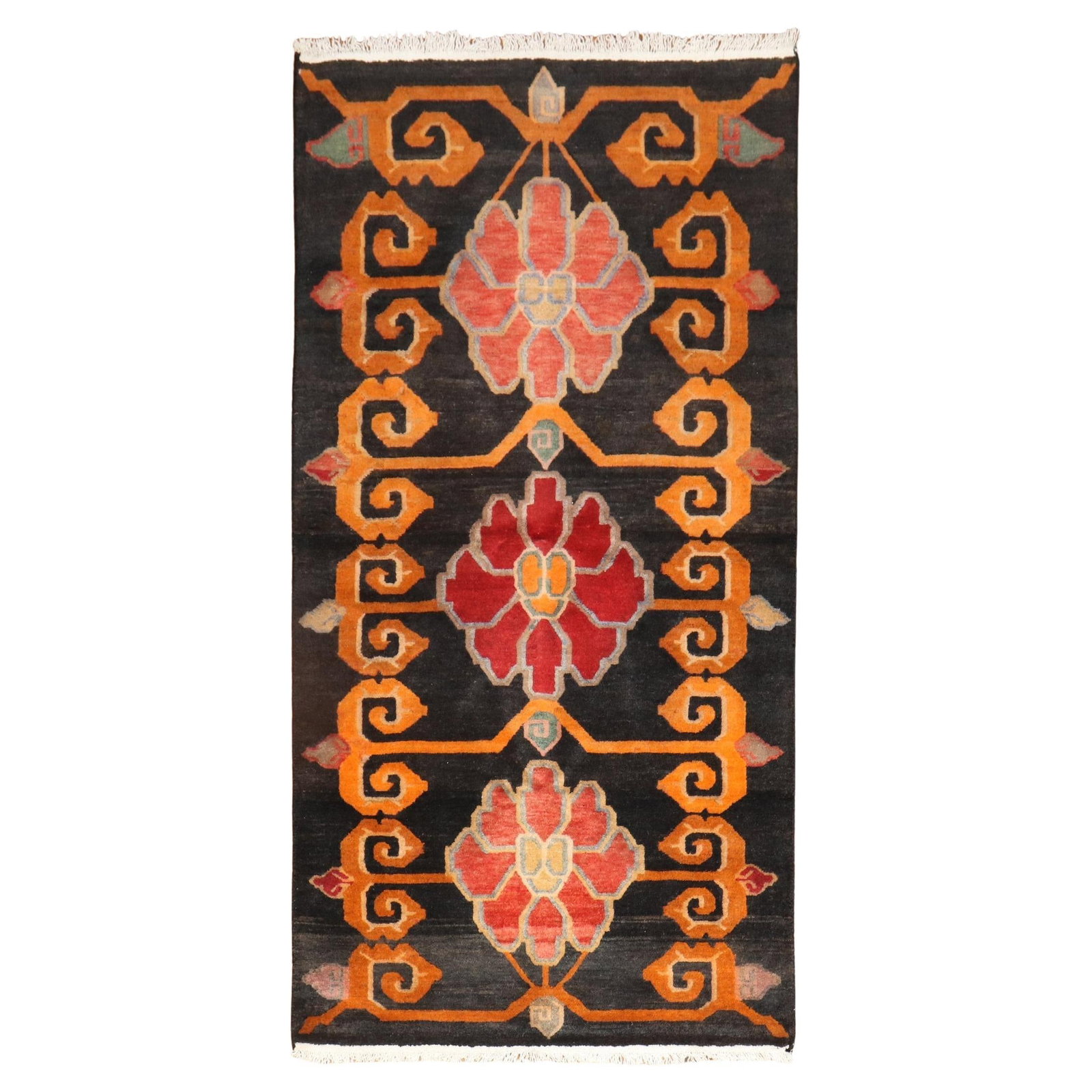 Hand-Woven Vintage Tibetan Floral Rug 35 x 69 in Wool: Hand-Woven Vintage Tibetan Floral Rug 35 x 69 in Wool This vibrant Vintage Tibetan Floral Rug features a stunning floral design, hand-woven from high-quality wool. Originating from Tibet, this piece r