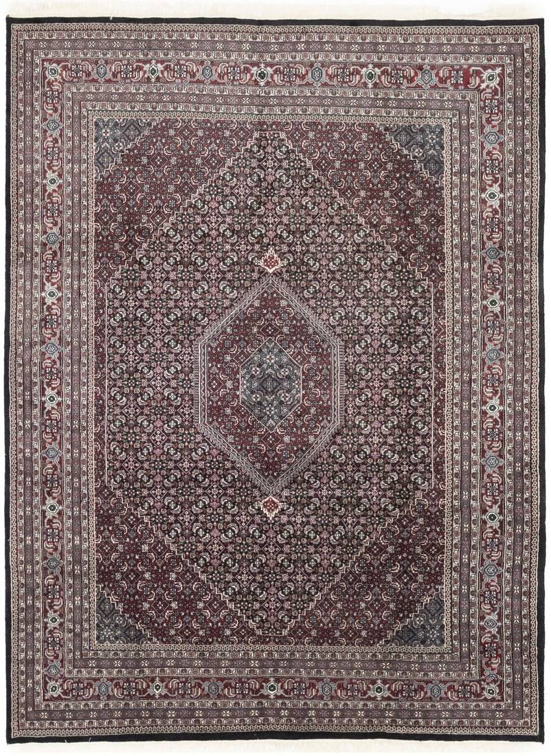 Hand-Knotted Wool Indo-Bidjar Area Rug Floral Tribal Design 8'11 x 11'8: Hand-Knotted Wool Indo-Bidjar Area Rug Floral Tribal Design 8'11 x 11'8 This handmade Indo-Bidjar Oriental rug features a rare floral and tribal vintage-inspired pattern in black, red, cream, green, g
