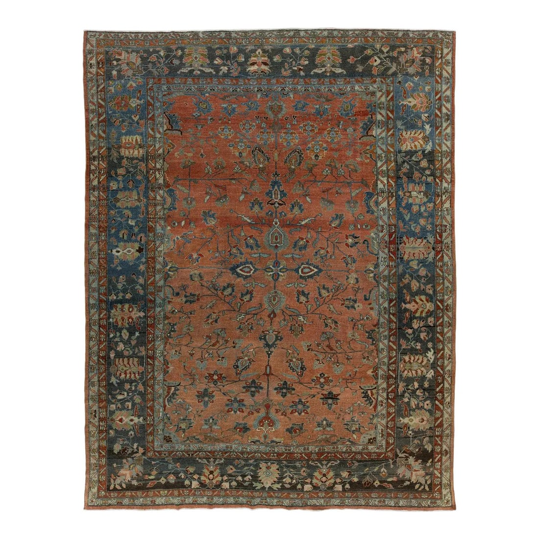 Early 20th Century Red Persian Mahal Wool Rug 9' x 11'8": Early 20th Century Red Persian Mahal Wool Rug 9' x 11'8" This antique Persian Mahal rug features a muted red field with intricate floral-geometric motifs in ivory, blue, and brown. Hand-knotted in woo