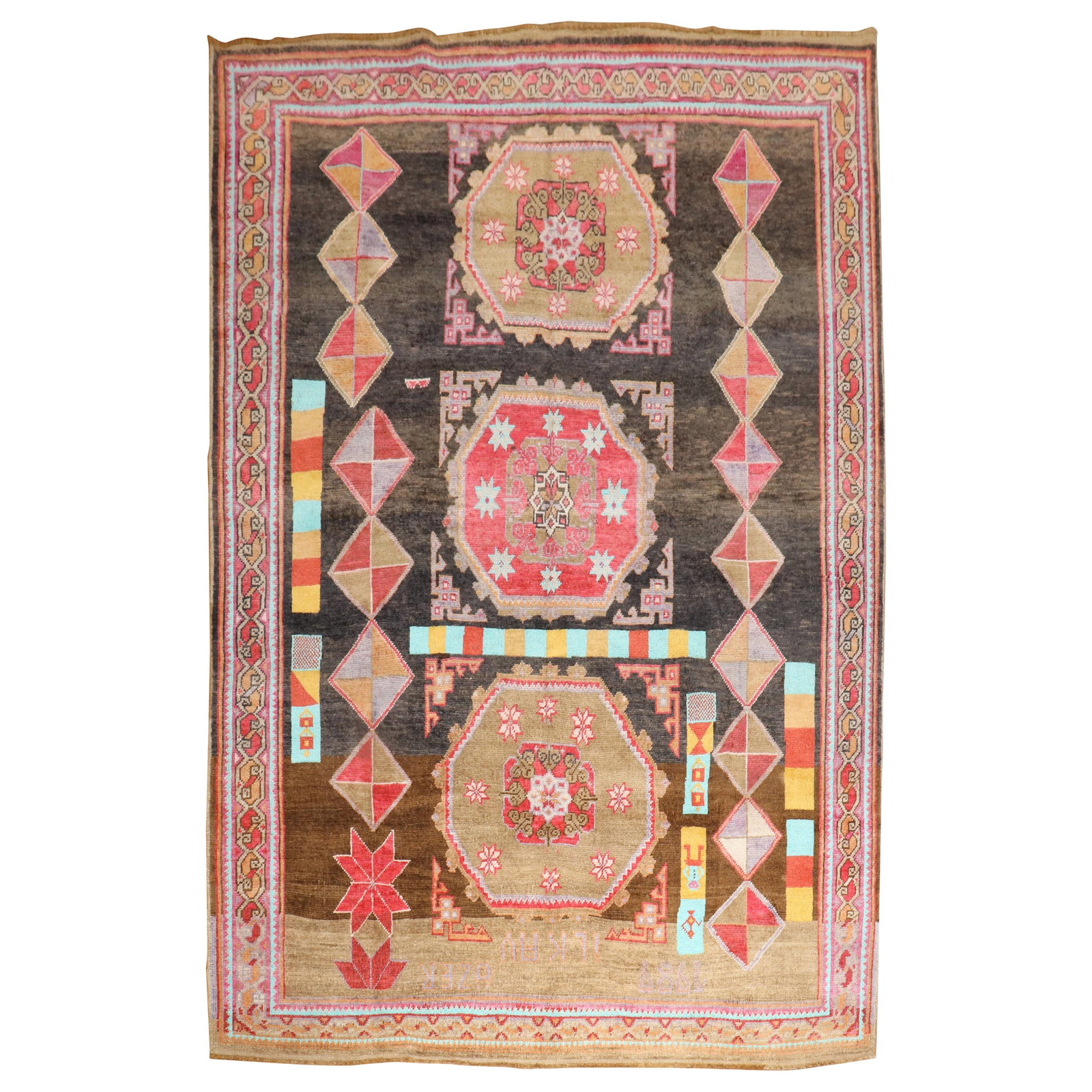 1989 Turkish Kars Wool Hand-Knotted Mid-Century Modern Rug: 1989 Turkish Kars Wool Hand-Knotted Mid-Century Modern Rug Experience the unique charm of this one-of-a-kind Turkish Kars rug, crafted in 1989. This stunning piece features a vibrant combination of fu