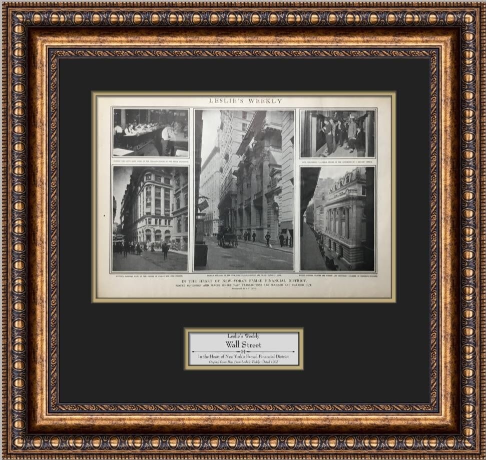 1902 Leslie's Weekly Wall Street Cover Page Custom Framed: 1902 Leslie's Weekly Wall Street Cover Page Custom Framed This stunning piece features an original cover page from Leslie's Weekly, dated 1902, showcasing Wall Street in the heart of New York's Financ