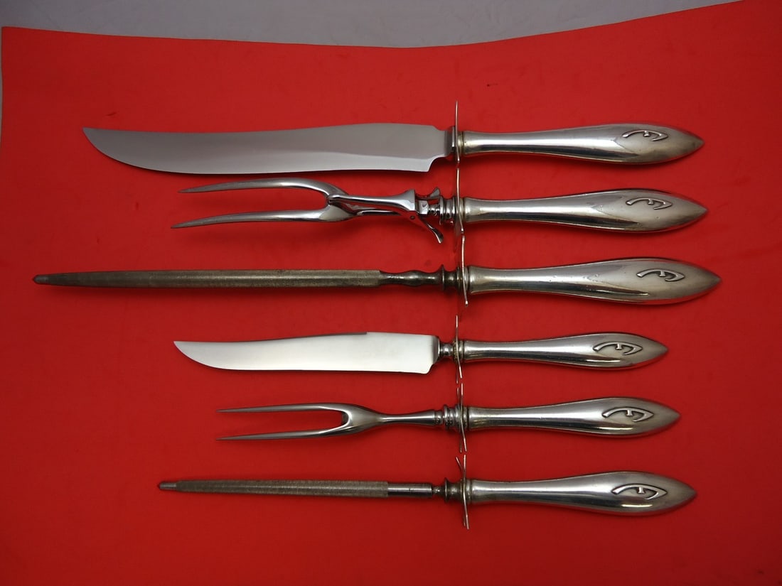 Shreve Sterling Silver Buckingham Narrow 6pc Carving Set: Shreve Sterling Silver Buckingham Narrow 6pc Carving Set This exquisite six-piece roast and steak carving set, crafted by Shreve in the elegant Buckingham Narrow pattern, is a must-have for any culina
