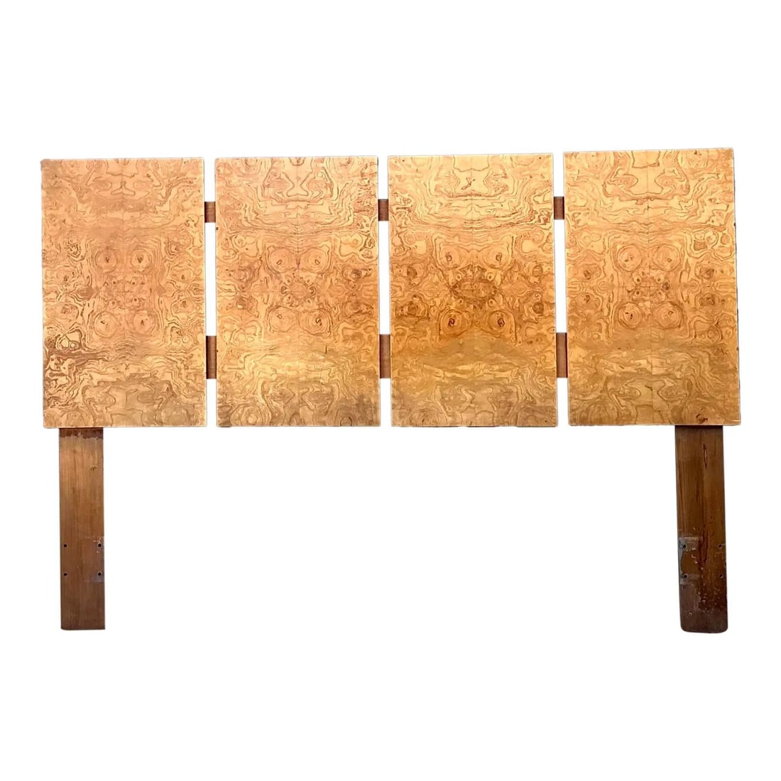 1970s burlwood full bed headboard walnut veneer: 1970s burlwood full bed headboard walnut veneer This vintage headboard from the 1970s features four substantial vertical panels crafted from burl wood veneer, showcasing intricate book-matched pattern