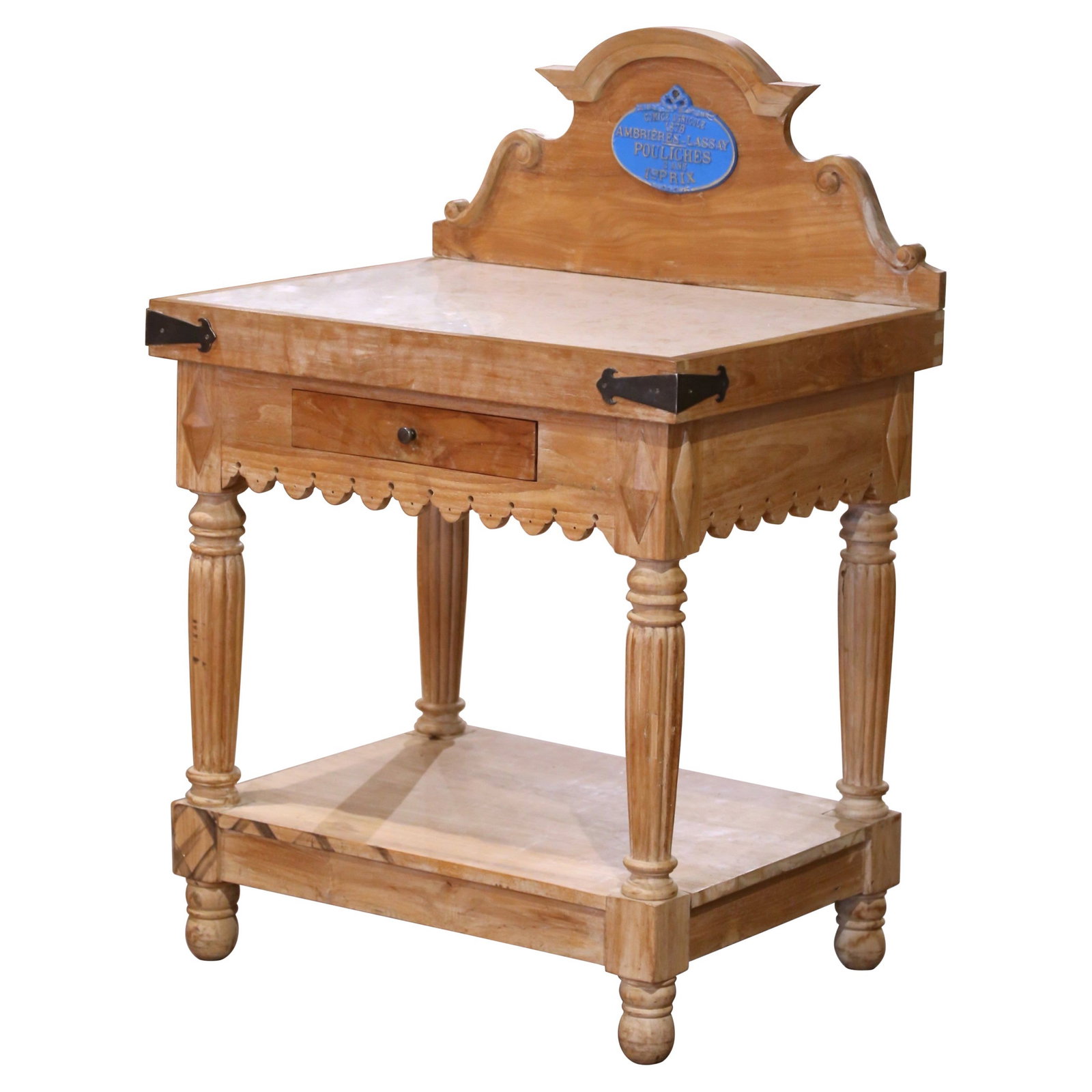 French Beech Butcher Block with Marble Top and Agricultural Plaque: French Beech Butcher Block with Marble Top and Agricultural Plaque This mid-century French butcher's block, crafted circa 1950, showcases authentic country style and expert craftsmanship. Made from so