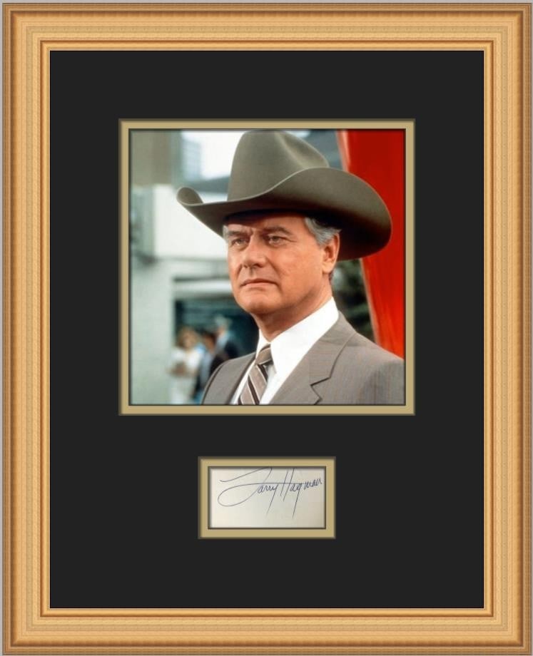 Custom Framed Larry Hagman Signed Cut Signature Dallas Display: Custom Framed Larry Hagman Signed Cut Signature Dallas Display A professionally custom framed display featuring a signed cut signature by Larry Hagman, paired with a color photograph of him as J.R. Ew