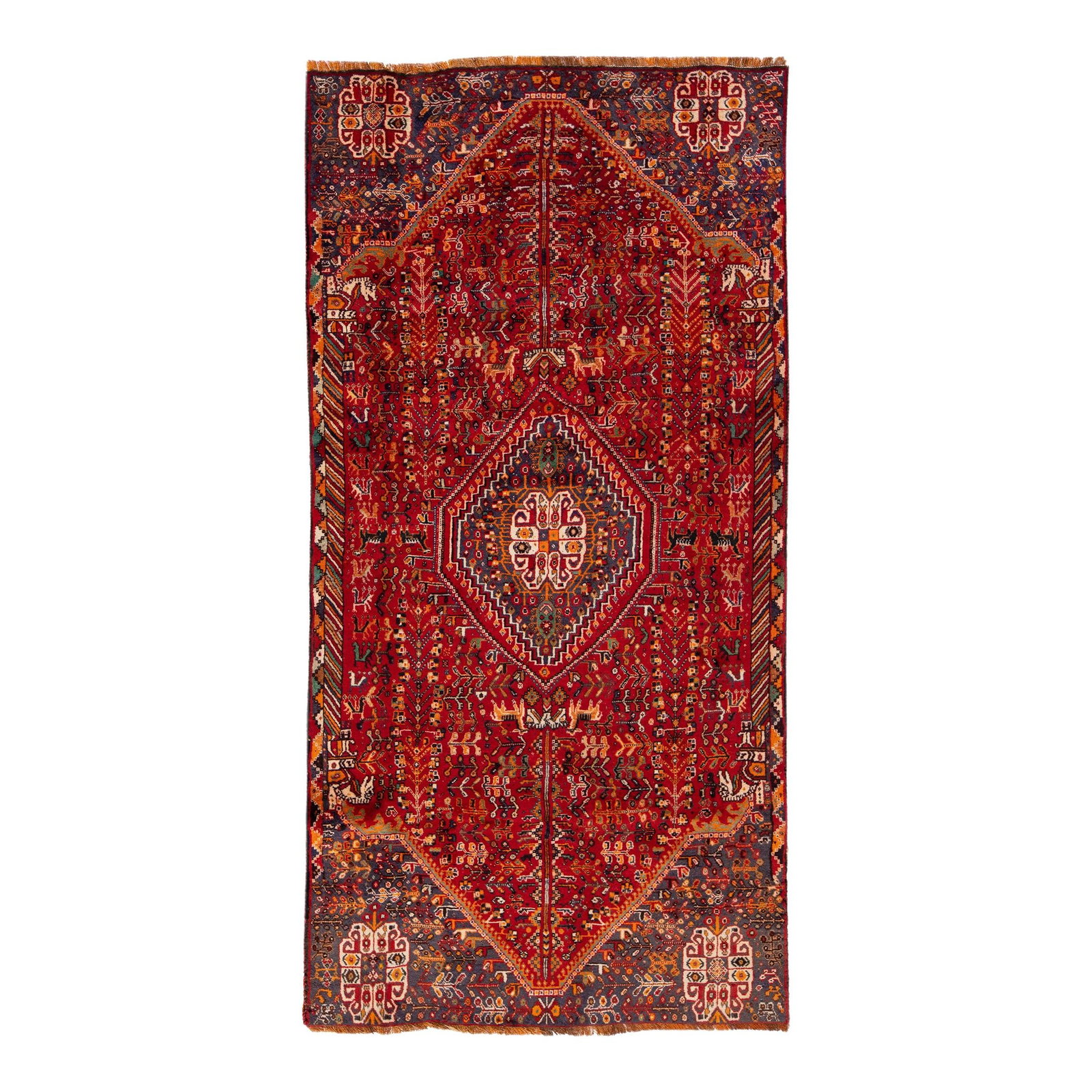 1960s Handmade Persian Shiraz Red Wool Rug 3'11 x 8: 1960s Handmade Persian Shiraz Red Wool Rug 3'11 x 8 This stunning vintage Persian Shiraz rug showcases exquisite craftsmanship with hand-knotted wool construction. The vibrant red color field is beaut