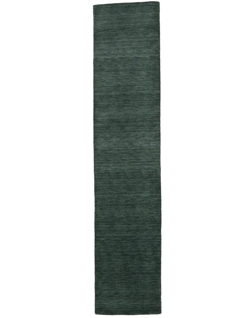 Dark Green Wool Hand-Loomed Runner Rug 2'7 x 11'10: Dark Green Wool Hand-Loomed Runner Rug 2'7 x 11'10 This dark green runner rug features a solid design and is hand-loomed from wool, offering a modern touch for hallways or kitchens. The rug is rectang