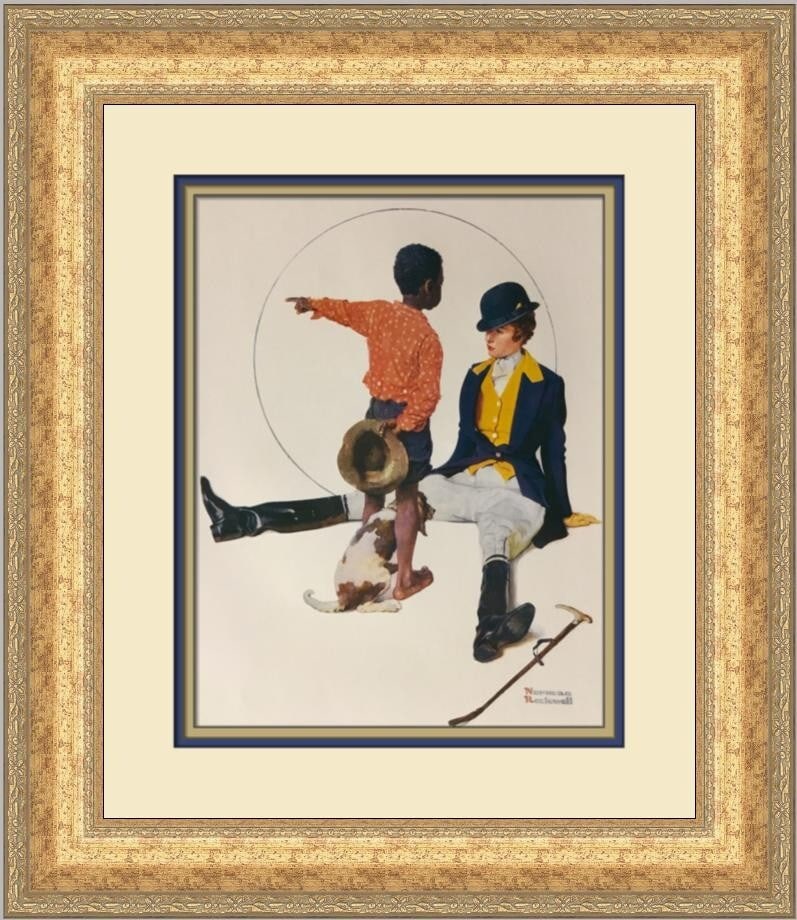Norman Rockwell He Went Thataway Custom Framed Print 1979 Art: Norman Rockwell He Went Thataway Custom Framed Print 1979 Art This custom framed print titled "He Went Thataway" by renowned artist Norman Rockwell showcases a captivating photorealism style. Produced