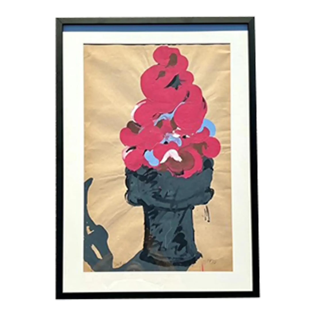 1975 Pop Art Ice Cream Cone Painting Framed on Paper: 1975 Pop Art Ice Cream Cone Painting Framed on Paper This original 1975 painting showcases a vibrant depiction of a soft-serve ice cream cone in bold shades of fuchsia and pink, set against a warm tan