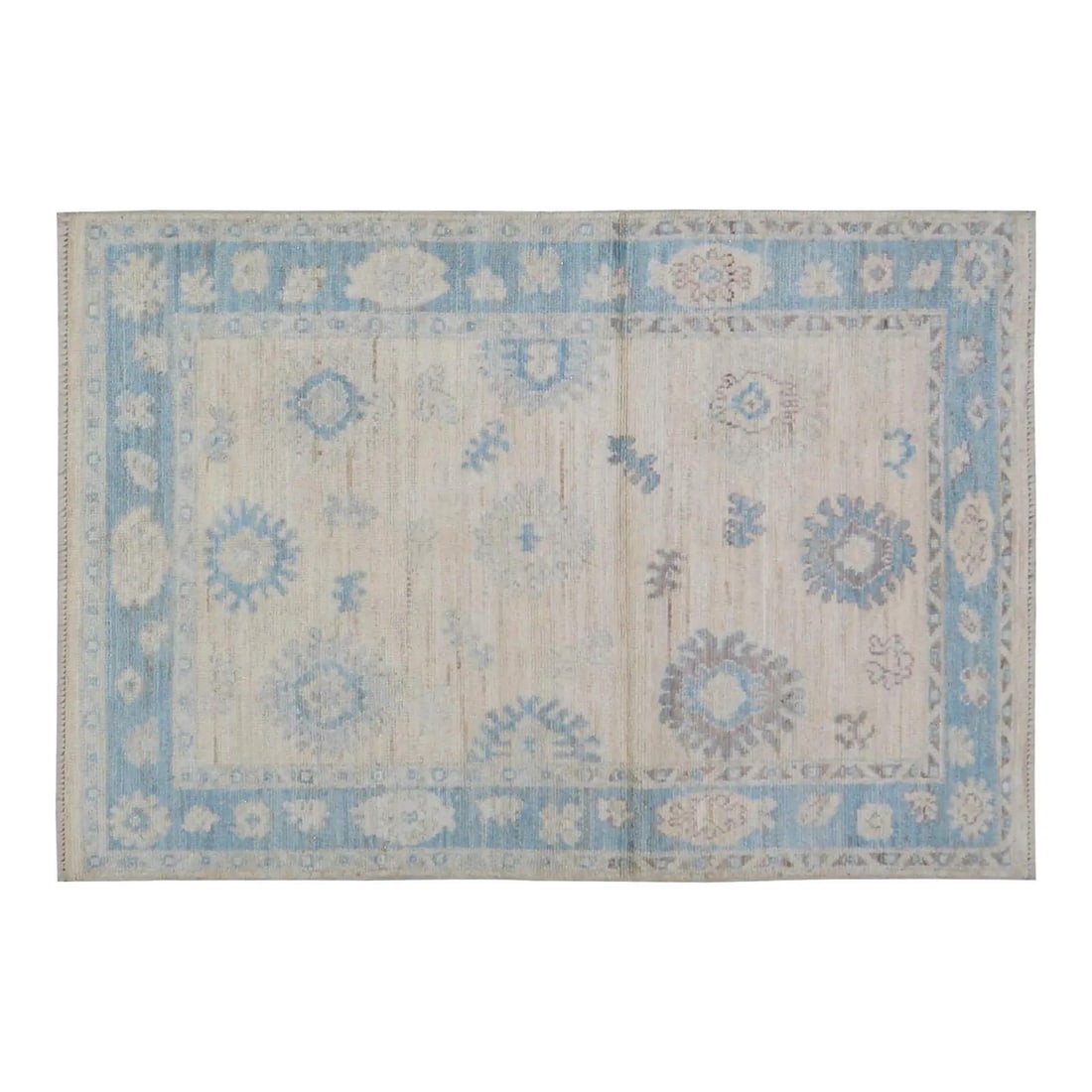 4'2 x 6'1 Wool Oushak Floral Design Hand Knotted Area Rug: 4'2 x 6'1 Wool Oushak Floral Design Hand Knotted Area Rug This Oushak rug features a hand-knotted wool construction with natural tan colors and a floral style pattern. Its fine weave highlights the cr