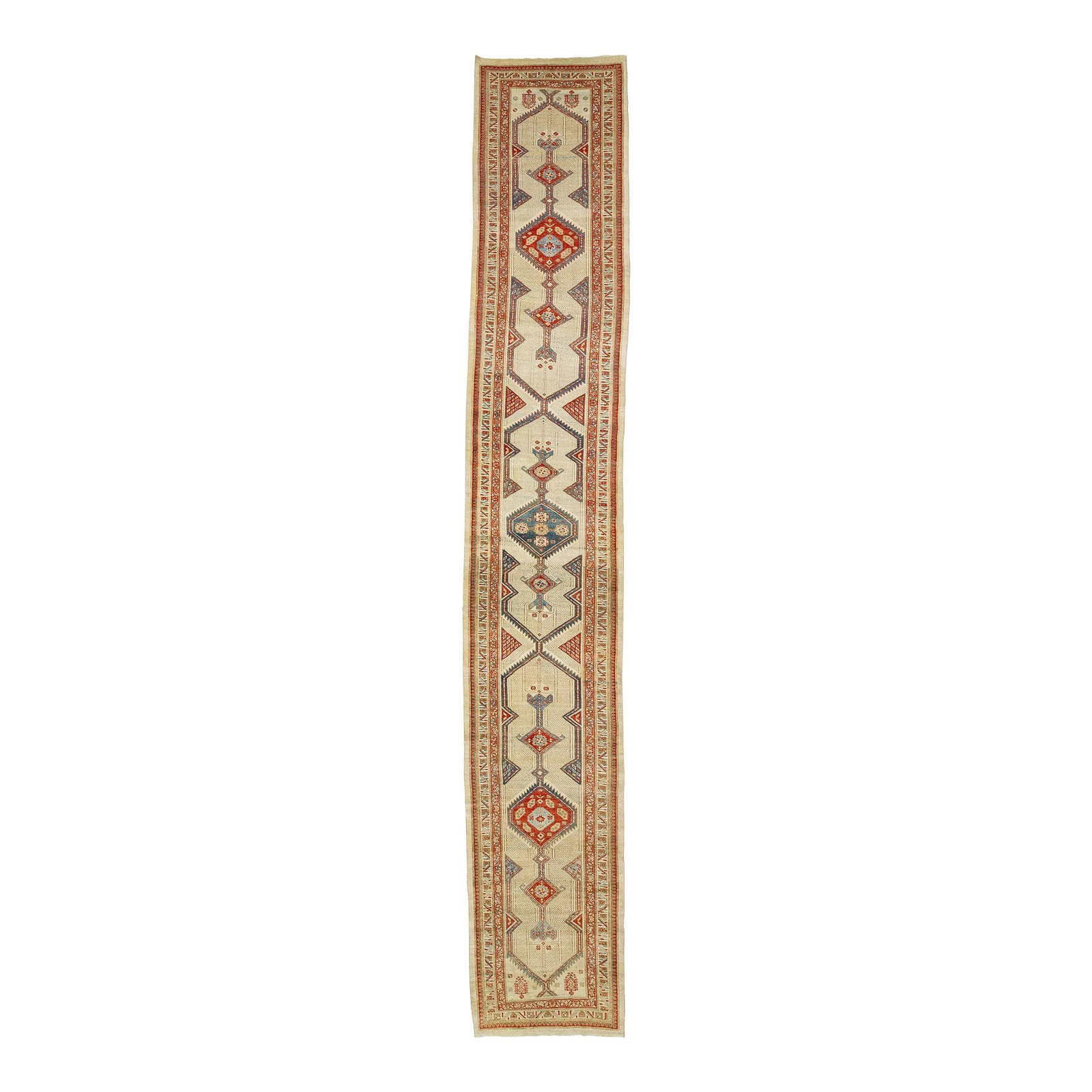 Beige 1910s Antique Persian Serab Wool Runner 3' x 18'4": Beige 1910s Antique Persian Serab Wool Runner 3' x 18'4" Discover the elegance of this Antique Persian Serab hand-knotted wool runner, showcasing a beautiful beige-cream field adorned with rust and bl