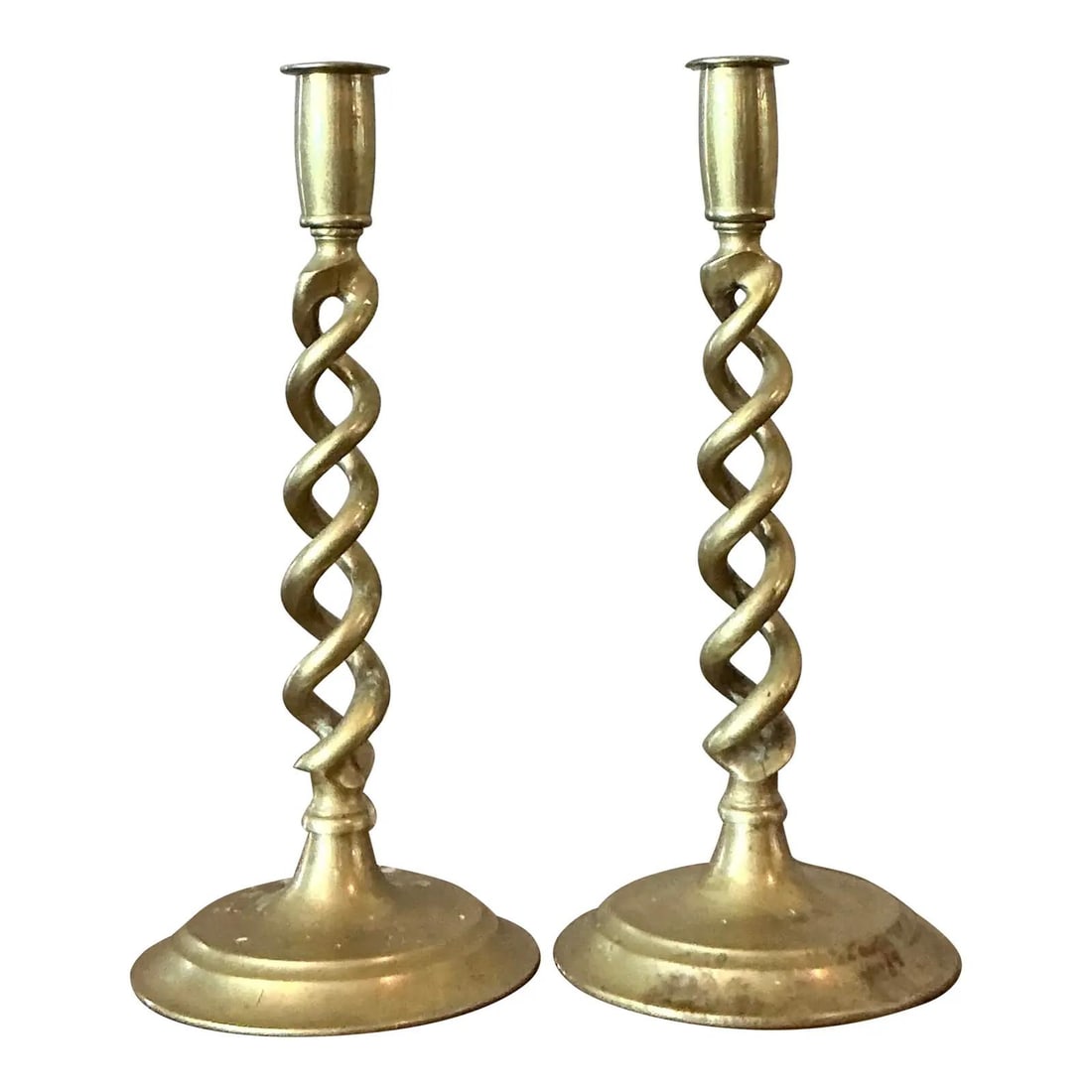 Pair of Regency Style Spiral Brass Candle Holders Vintage 12 Inch: Pair of Regency Style Spiral Brass Candle Holders Vintage 12 Inch This pair of vintage Regency candlesticks features elegantly twisted stems crafted from brass. The polished brass surface displays an 