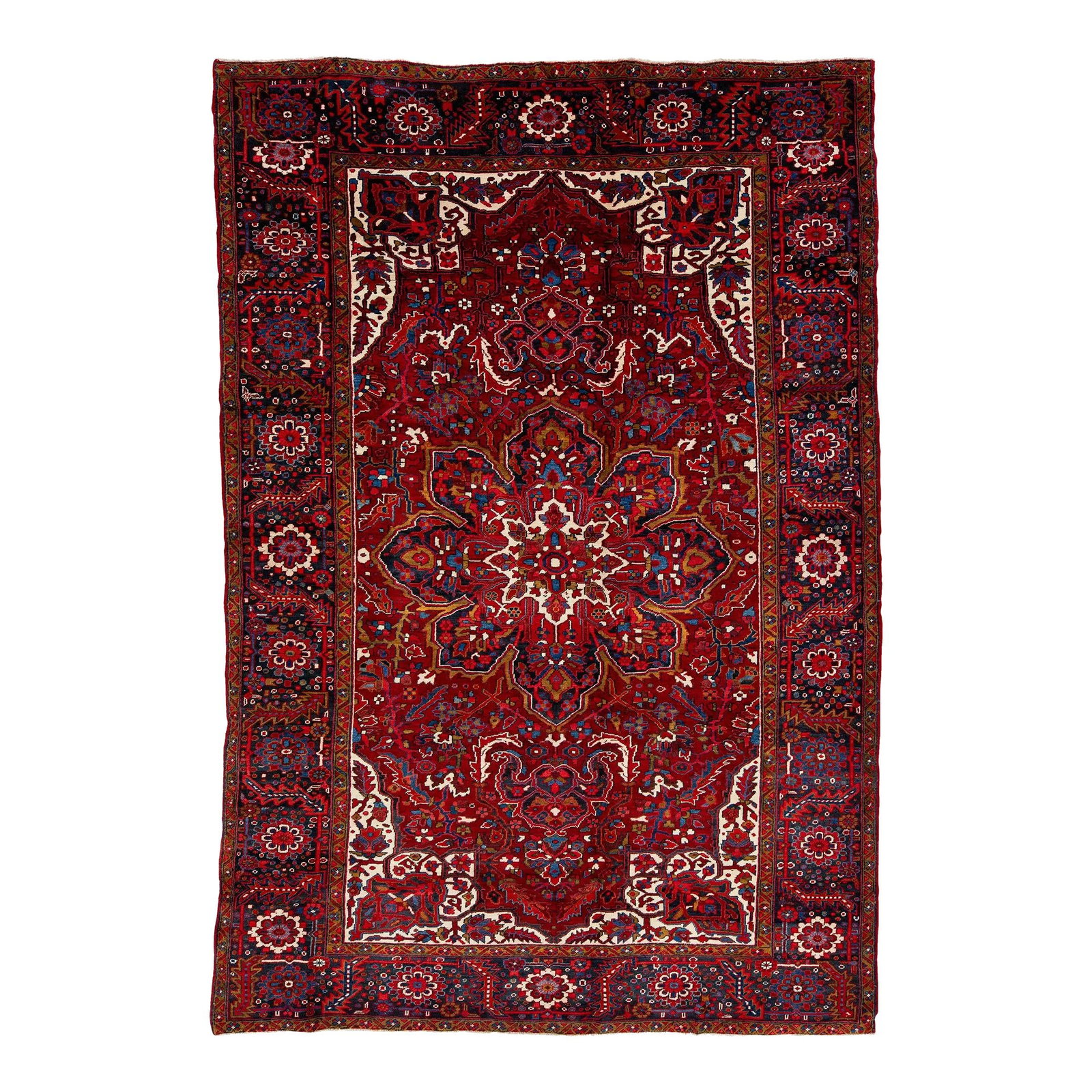 Handmade Red Medallion Floral Persian Wool Rug 7'11 x 11'7: Handmade Red Medallion Floral Persian Wool Rug 7'11 x 11'7 Enhance your space with this exquisite handmade Heriz wool rug, showcasing a vibrant red field adorned with a multicolor medallion motif. Mea