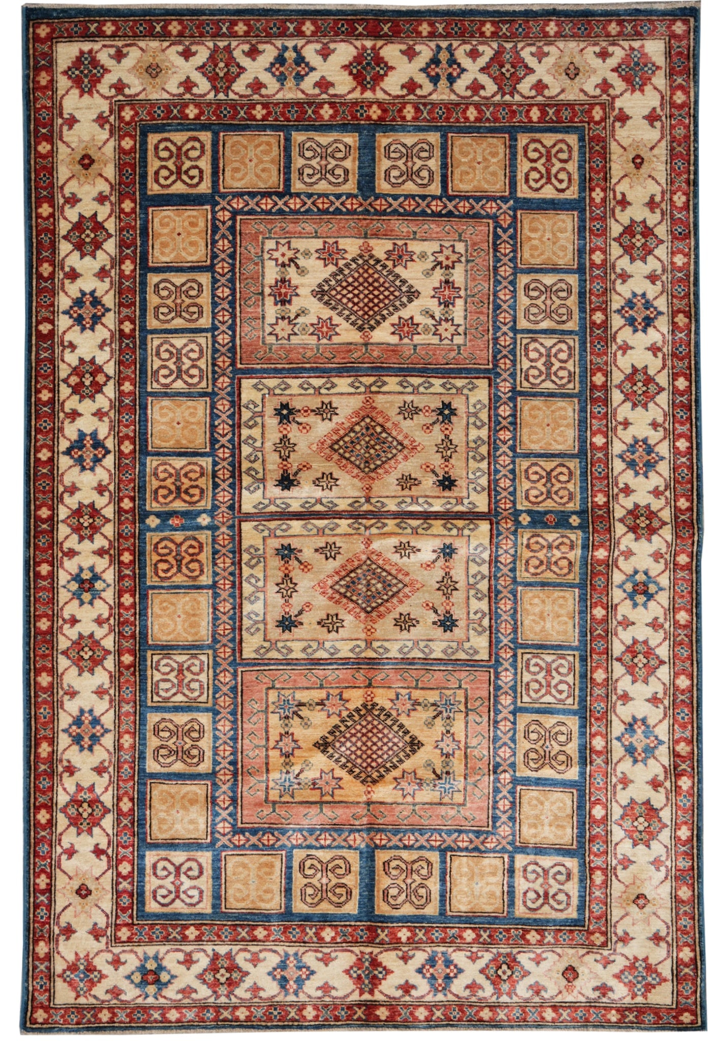 5.7 x 8 Super Kazak Rug Hand Knotted Finer Silky Wool: 5.7 x 8 Super Kazak Rug Hand Knotted Finer Silky Wool Free continental US Shipping This 5.7 x 8 Super Kazak rug features a bold, traditional Caucasian-inspired geometric design with a central medallio