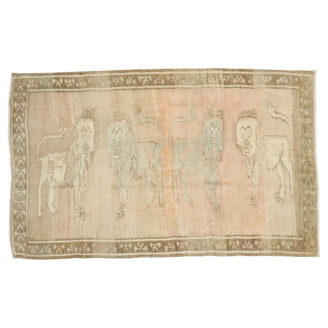 Mid 20th Century Turkish Hand-Woven Wool Folk Art Lion Pictorial Rug 46 x 80 in: Mid 20th Century Turkish Hand-Woven Wool Folk Art Lion Pictorial Rug 46 x 80 in This vintage Turkish pictorial rug from the mid-20th century features a folk art style with four lions depicted on a fad
